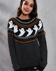 Dark Gray Ghost Pattern Round Neck Long Sleeve Sweater