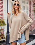 Rosy Brown V-Neck Slit Exposed Seam Sweater