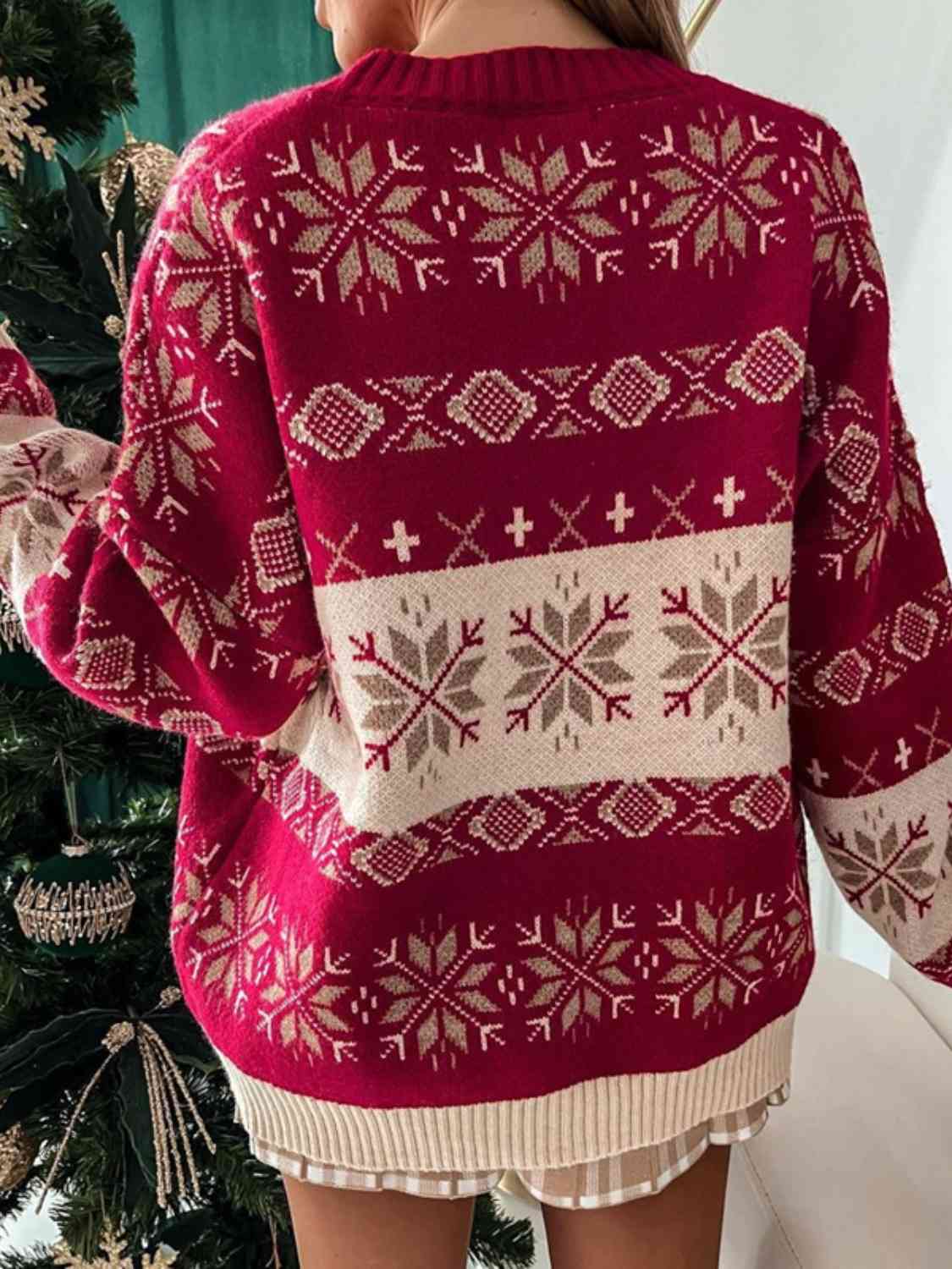 Saddle Brown Snowflake Pattern Dropped Shoulder Sweater