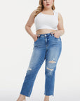 Beige BAYEAS Full Size Mid Waist Distressed Ripped Straight Jeans Sentient Beauty Fashions Apparel & Accessories