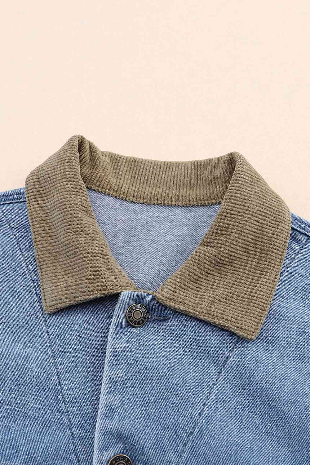 Light Gray Collared Neck Button Front Denim Jacket Sentient Beauty Fashions Apparel & Accessories