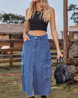 Dim Gray Slit Front Midi Denim Skirt with Pockets Sentient Beauty Fashions Apparel & Accessories