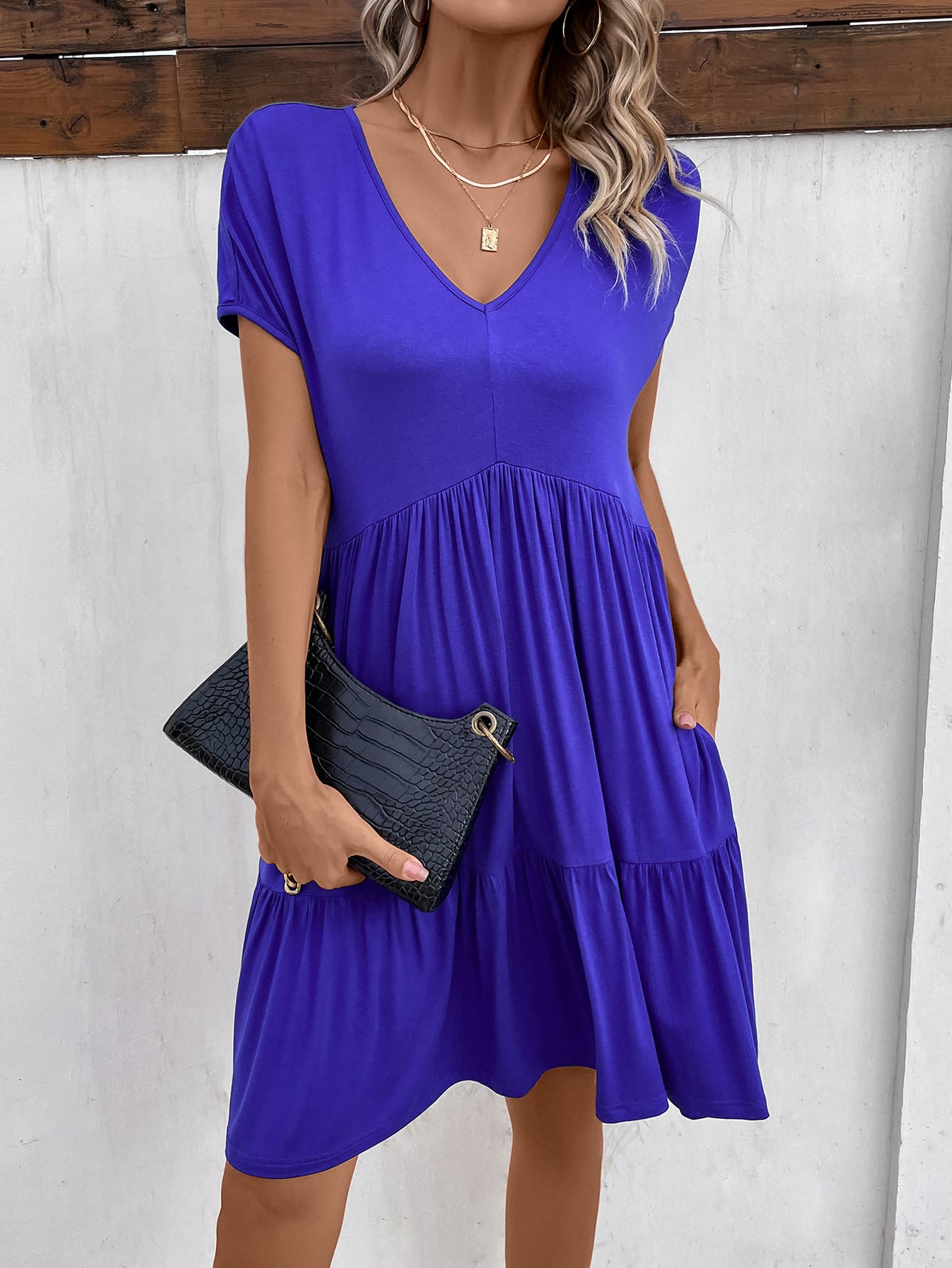 Midnight Blue V-Neck Short Sleeve Dress with Pockets
