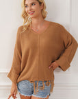 Gray Fringe V-Neck Long Sleeve Sweater Sentient Beauty Fashions Apparel & Accessories