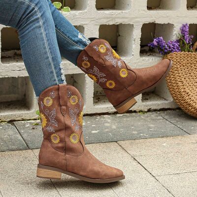 Sunflower Embroidered Block Heel Boots