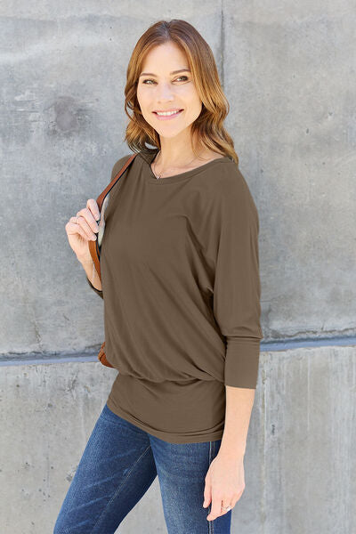 Dark Gray Basic Bae Full Size Round Neck Batwing Sleeve Blouse Sentient Beauty Fashions Apparel & Accessories