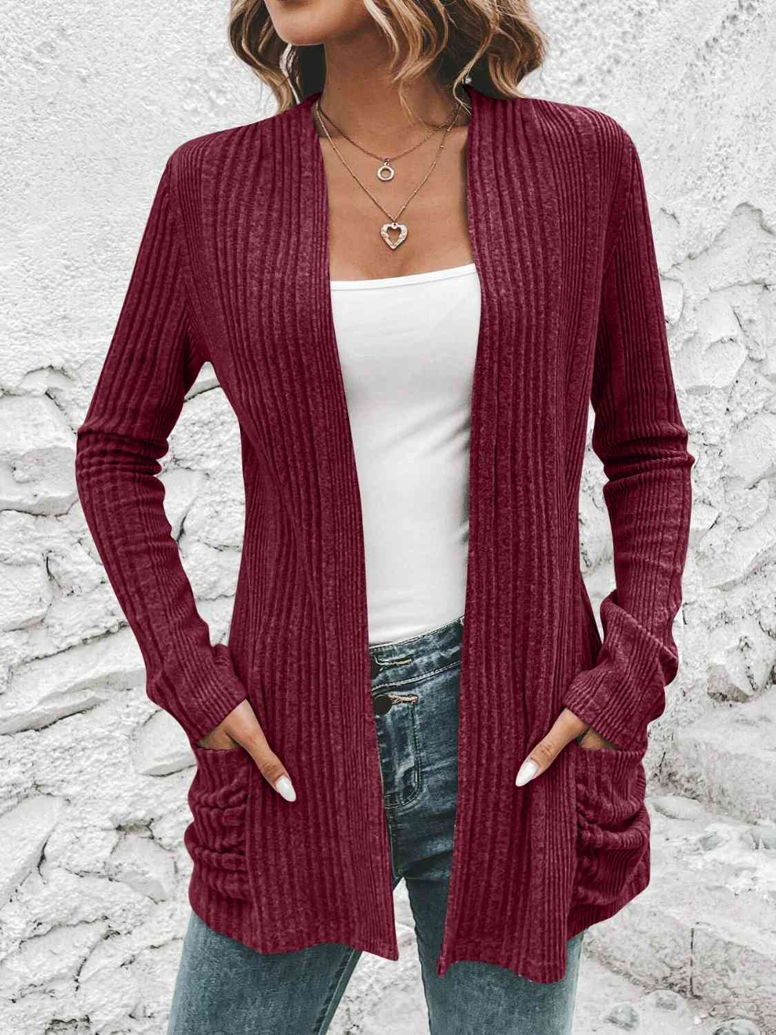 Light Gray Ribbed Open Front Cardigan with Pockets