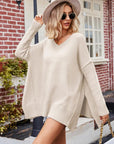 Gray V-Neck Slit Exposed Seam Sweater