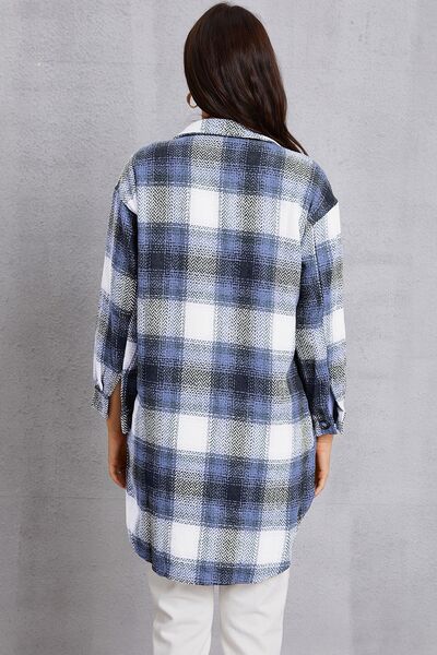 Gray Plaid Button Up Dropped Shoulder Coat with Pockets Sentient Beauty Fashions Apparel &amp; Accessories