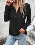 Gray Openwork Half Button Long Sleeve Blouse