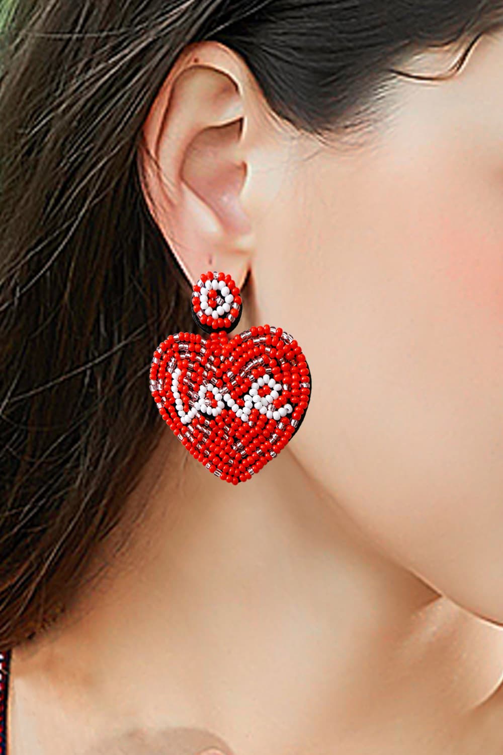 Tan LOVE Beaded Heart Earrings