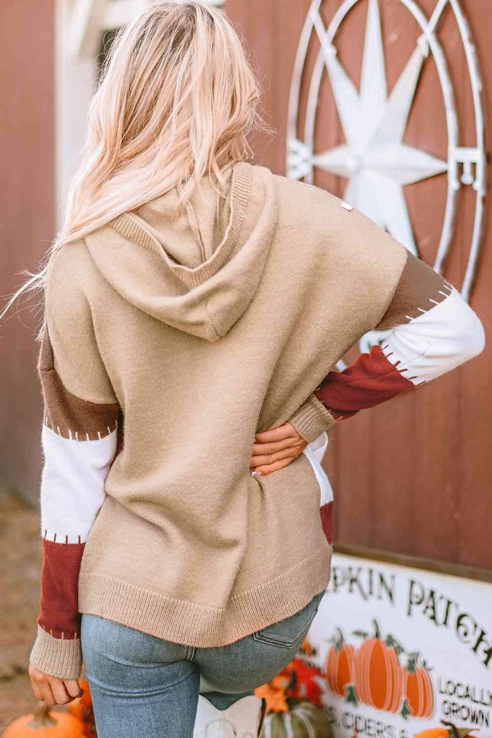 Rosy Brown Color Block Long Sleeve Hooded Sweater Sentient Beauty Fashions Apparel & Accessories