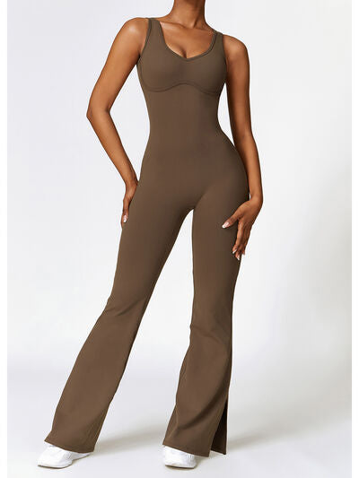 Dark Olive Green Wide Strap Bootcut Slit Active Jumpsuit Sentient Beauty Fashions Apparel & Accessories