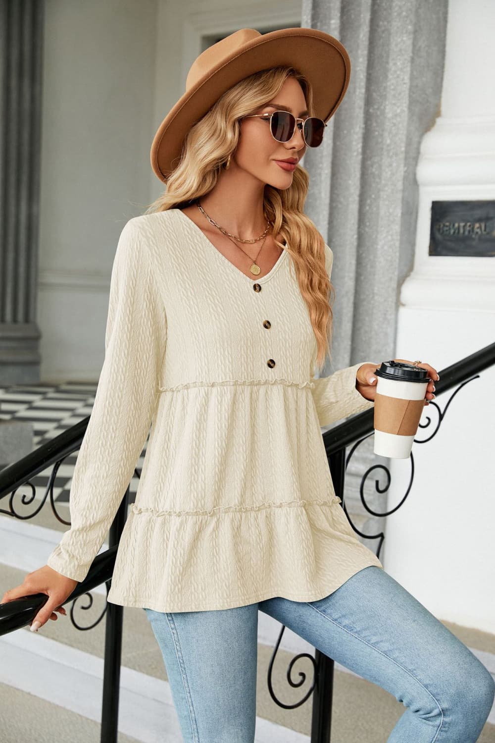 Gray Long Sleeve V-Neck Cable-Knit Blouse