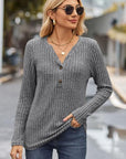 Light Slate Gray Ribbed Half Button Long Sleeve Knit Top