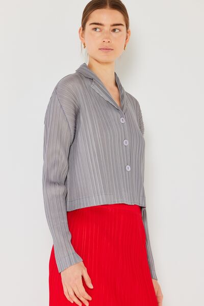 Light Gray Marina West Swim Pleated Cropped Button Up Shirt Sentient Beauty Fashions Apparel &amp; Accessories