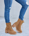 Light Steel Blue Forever Link Lace-Up Zipper Detail Block Heel Boots Sentient Beauty Fashions Shoes