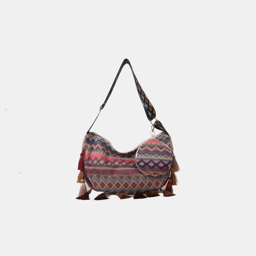 White Smoke Printed Tassel Detail Crossbody Bag with Small Purse Sentient Beauty Fashions *Accessories