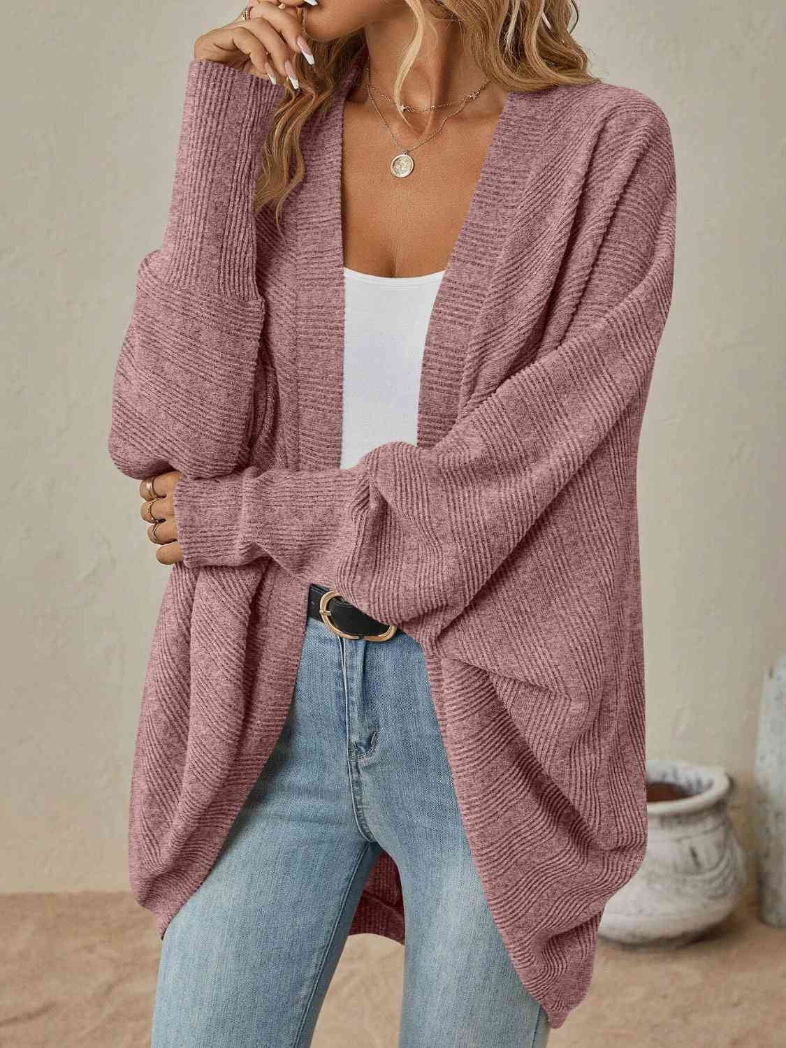 Rosy Brown Open Front  Dropped Shoulder Cardigan Sentient Beauty Fashions Apparel & Accessories