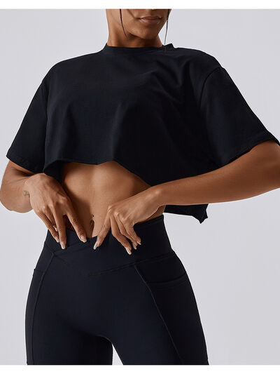 Black Cropped Round Neck Short Sleeve Active Top Sentient Beauty Fashions Apparel & Accessories