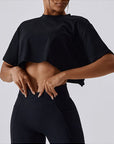 Black Cropped Round Neck Short Sleeve Active Top Sentient Beauty Fashions Apparel & Accessories