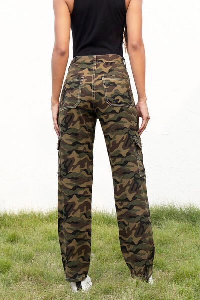 Dim Gray Camouflage Straight Leg Cargo Pants Sentient Beauty Fashions Apparel & Accessories