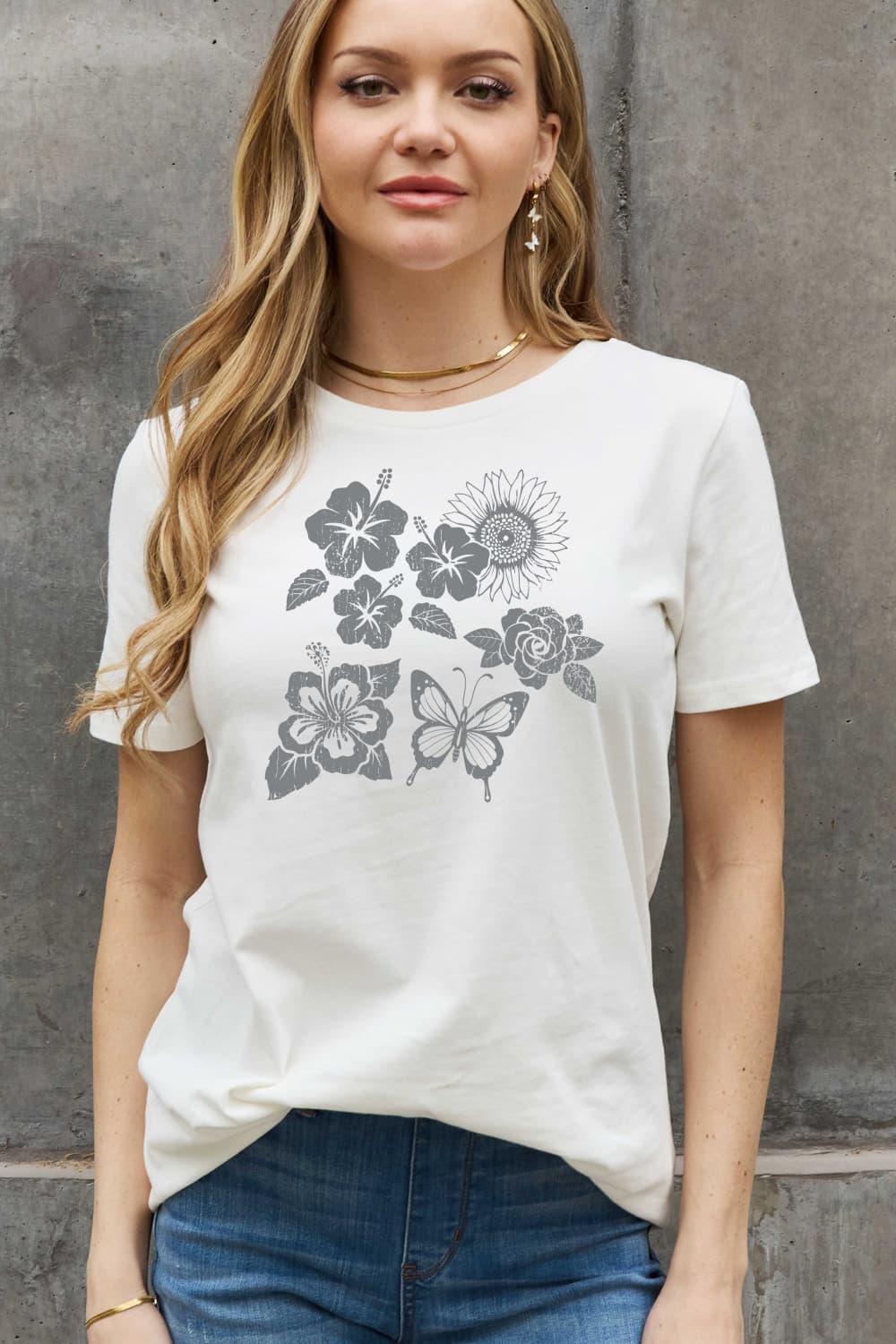 Slate Gray Simply Love Full Size Flower & Butterfly Graphic Cotton Tee