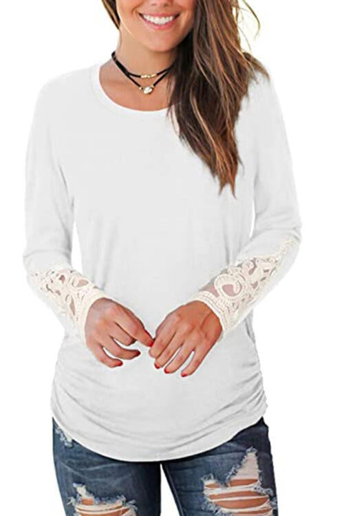 Light Gray Lace Detail Long Sleeve Round Neck T-Shirt Sentient Beauty Fashions Apparel & Accessories