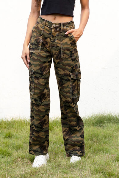 Dark Khaki Camouflage Straight Leg Cargo Pants Sentient Beauty Fashions Apparel & Accessories
