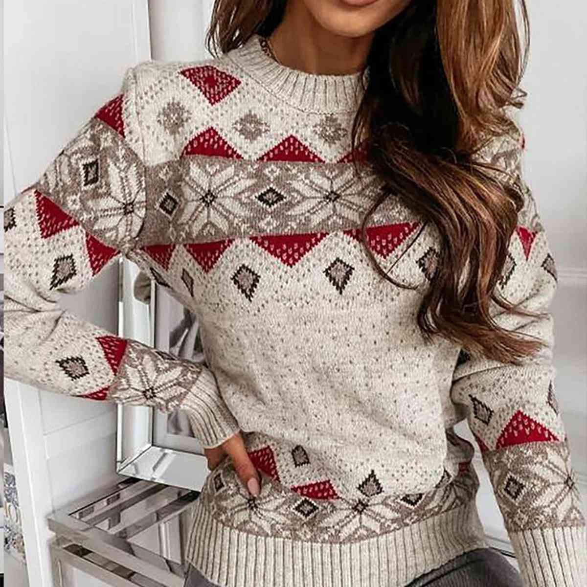 Gray Snowflake Round Neck Sweater