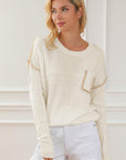 Light Gray Exposed Seam Round Neck Long Sleeve Sweater Sentient Beauty Fashions Apparel & Accessories