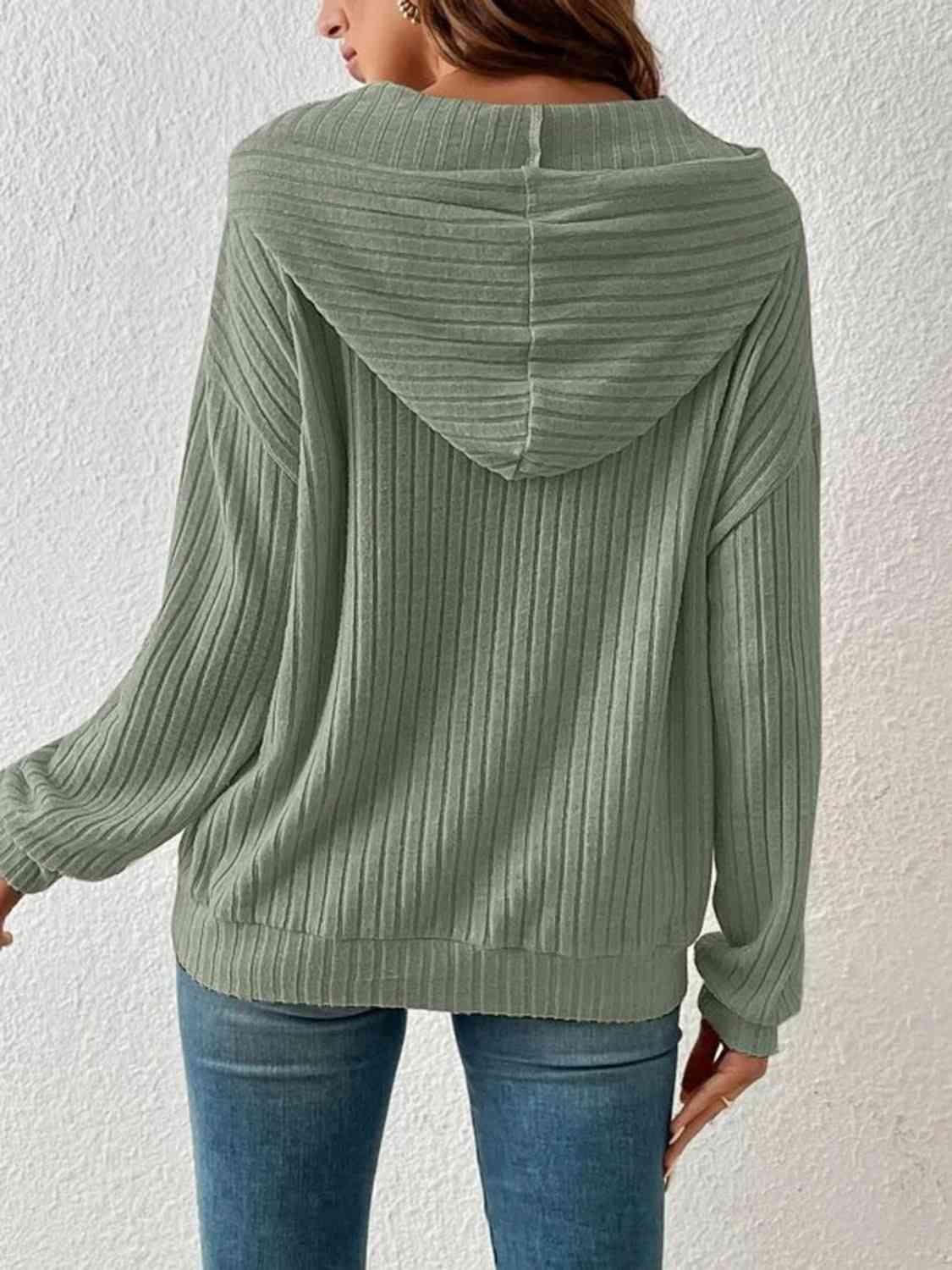 Slate Gray Ribbed Dropped Shoulder Drawstring Hoodie