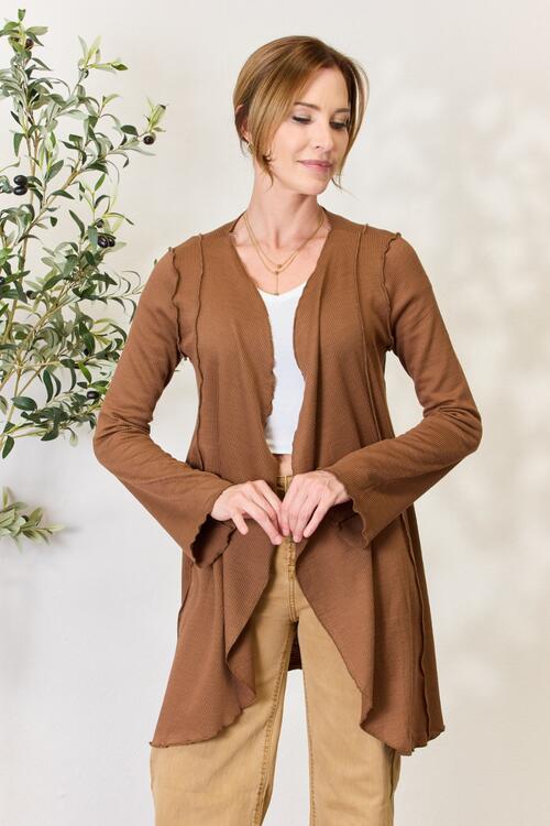 Saddle Brown Culture Code Full Size Open Front Long Sleeve Cardigan Sentient Beauty Fashions Apparel &amp; Accessories
