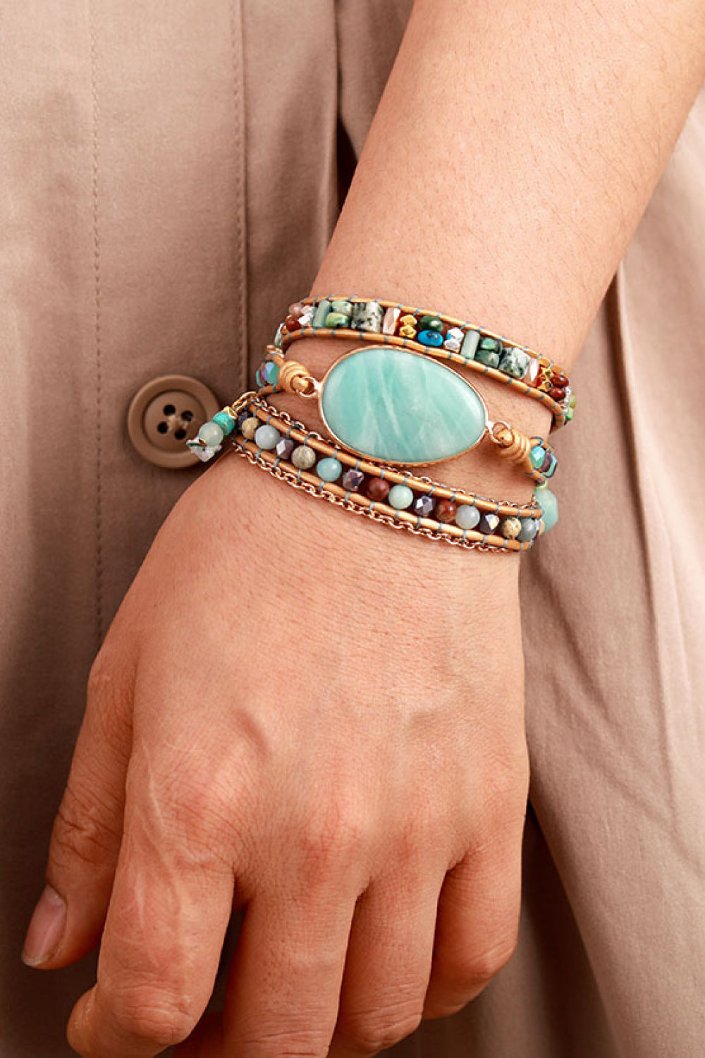 Tan Handmade Natural Stone Beaded Triple Layer Bracelet Sentient Beauty Fashions jewelry