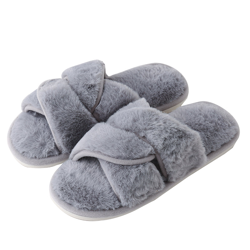 Light Slate Gray Faux Fur Twisted Strap Slippers Sentient Beauty Fashions