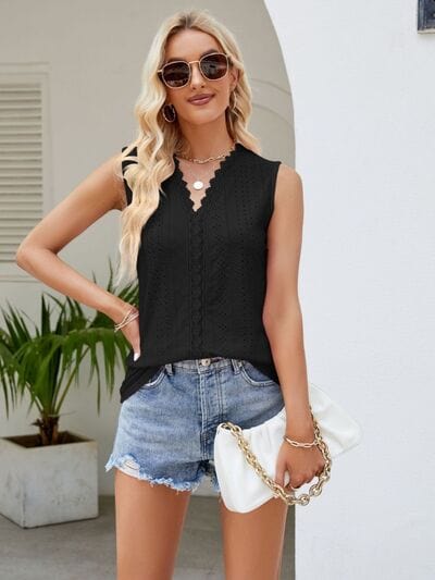 Gray Eyelet Lace Detail V-Neck Tank