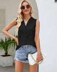 Gray Eyelet Lace Detail V-Neck Tank