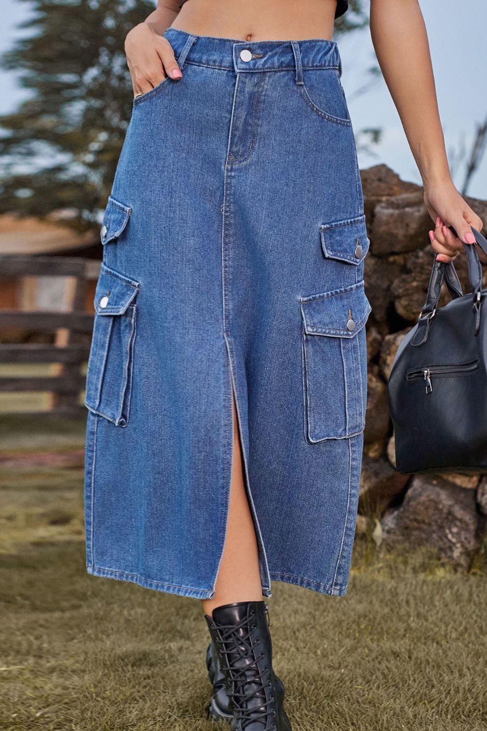 Dim Gray Slit Front Midi Denim Skirt with Pockets Sentient Beauty Fashions Apparel &amp; Accessories