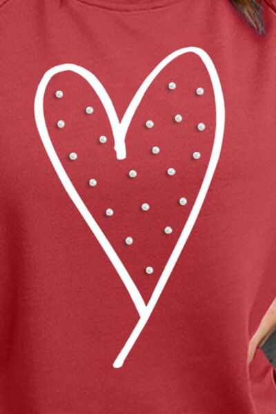 Brown Heart Pearl Detail Round Neck Sweatshirt Sentient Beauty Fashions Apparel & Accessories