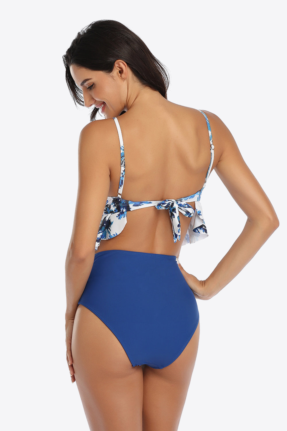 Dark Slate Gray Tropical Print Ruffled Two-Piece Swimsuit Sentient Beauty Fashions Swimwear