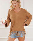 Light Gray Fringe V-Neck Long Sleeve Sweater Sentient Beauty Fashions Apparel & Accessories