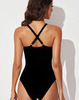 Black Spliced Mesh Halter Neck One-Piece Swimsuit Sentient Beauty Fashions Apparel & Accessories