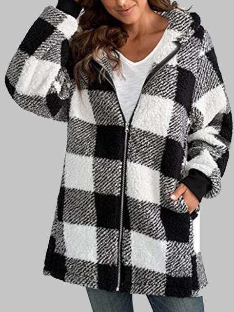 Gray Plaid Zip-Up Hooded Jacket with Pockets Sentient Beauty Fashions Apparel &amp; Accessories