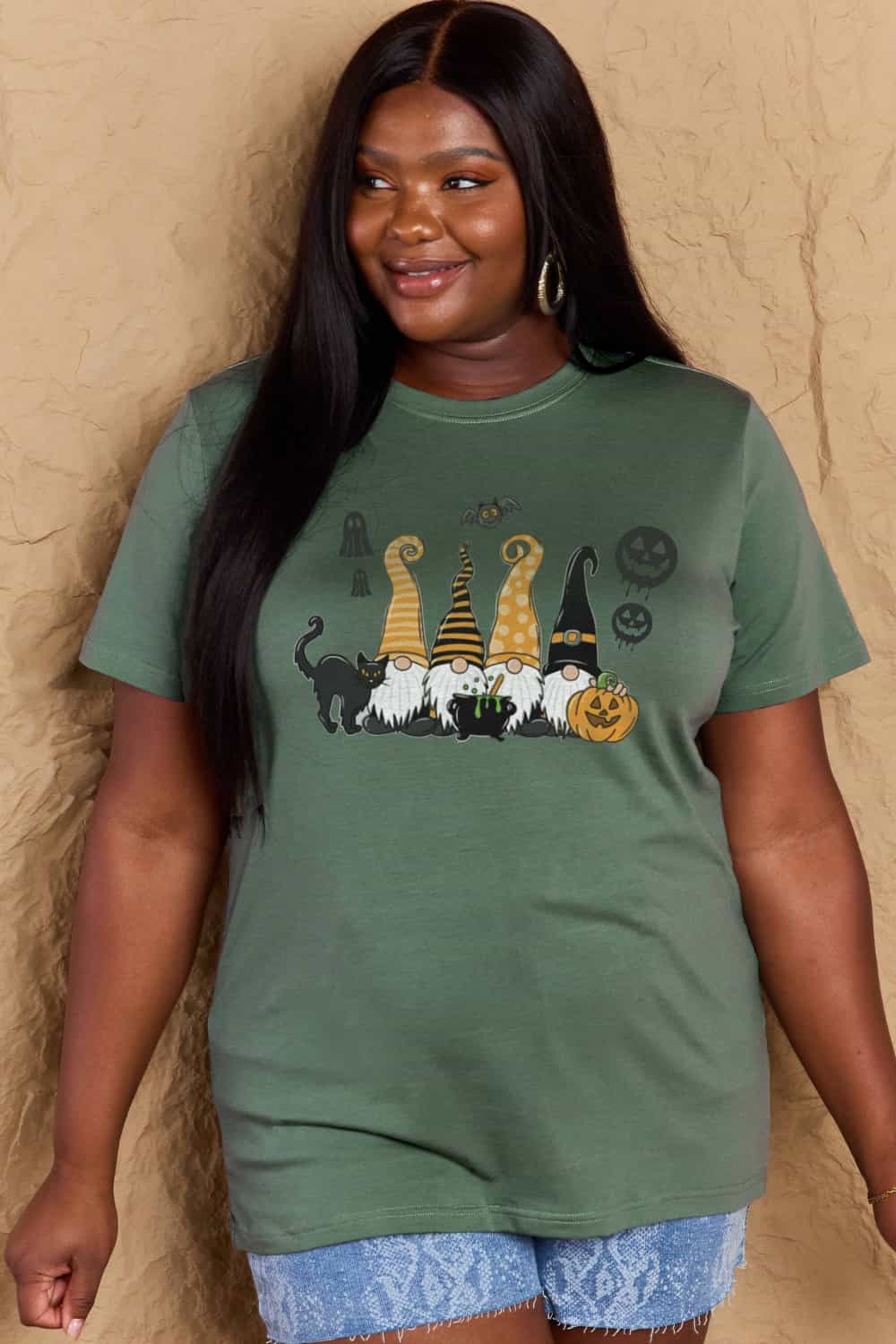 Dark Olive Green Simply Love Full Size Halloween Theme Graphic Cotton Tee Sentient Beauty Fashions Apparel &amp; Accessories