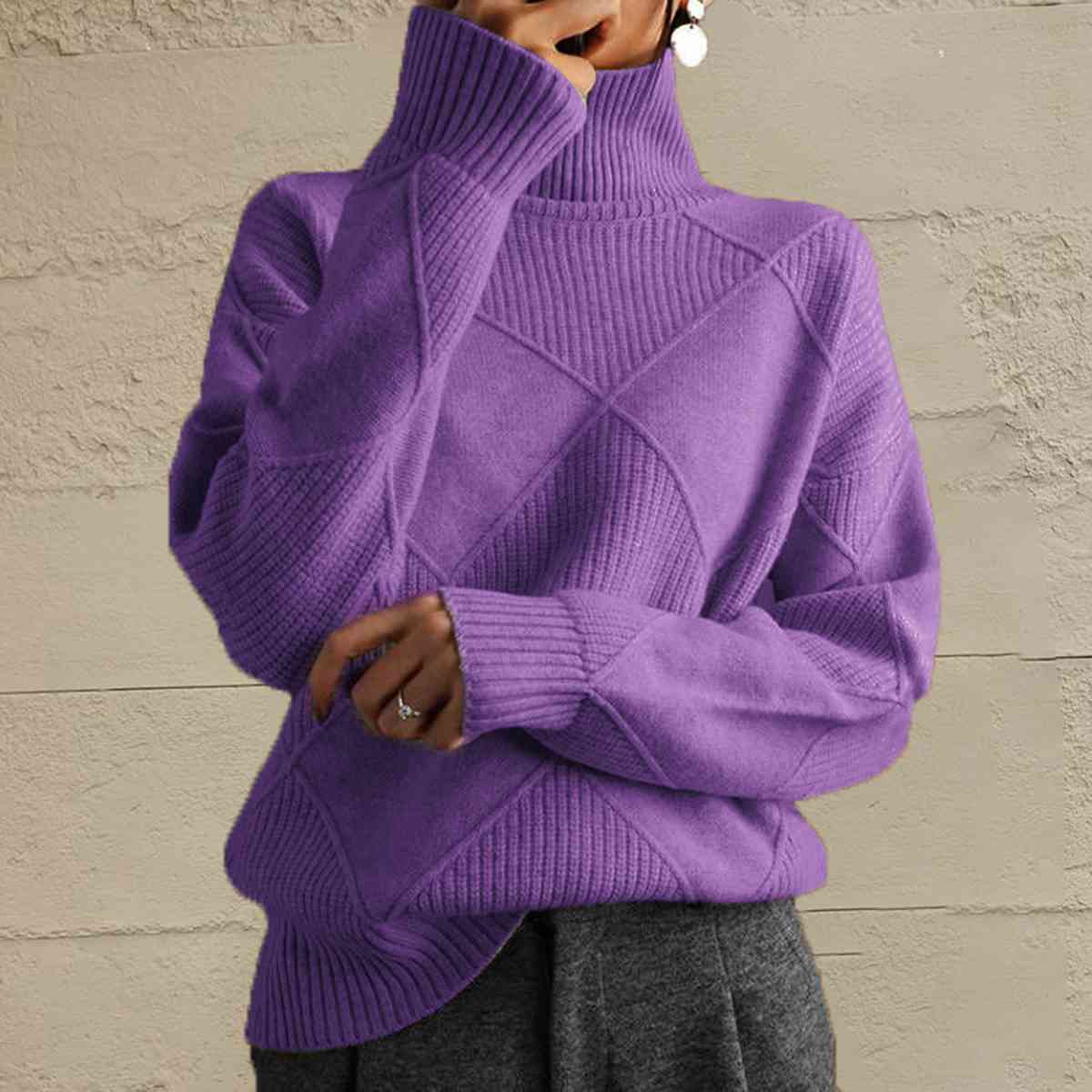 Rosy Brown Geometric Turtleneck Long Sleeve Sweater