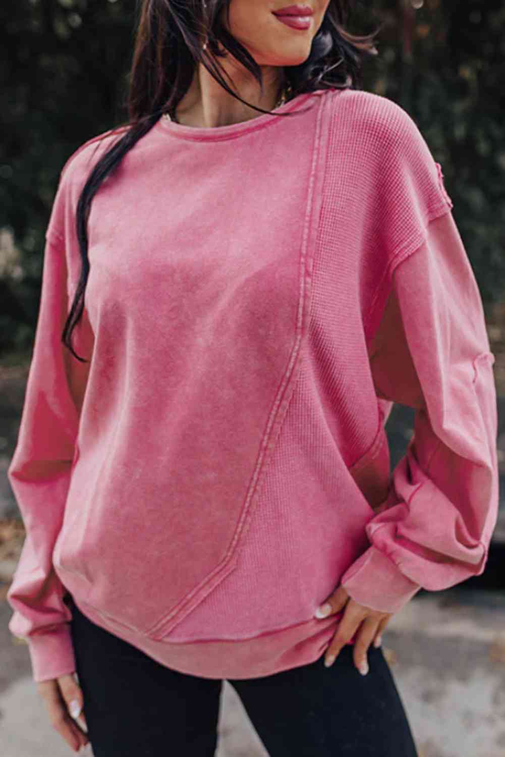 Pale Violet Red Exposed Seam Round Neck Long Sleeve Sweatshirt Sentient Beauty Fashions Apparel &amp; Accessories