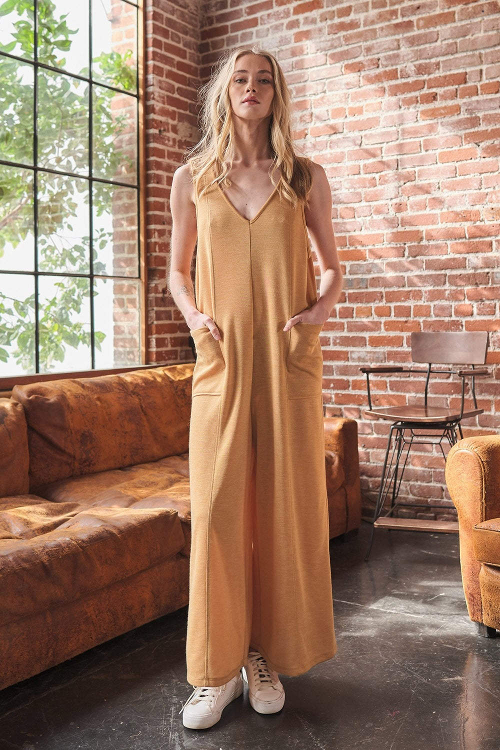 Rosy Brown Ces Femme V-Neck Sleeveless Wide Leg Jumpsuit Sentient Beauty Fashions Apparel & Accessories