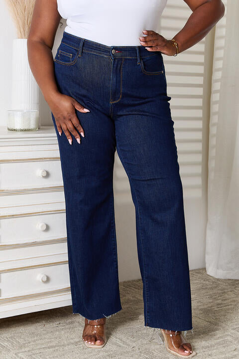 Gray Judy Blue Full Size Raw Hem Straight Leg Jeans with Pockets Sentient Beauty Fashions Apparel & Accessories