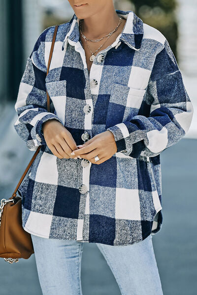 Slate Gray Plaid Button Up Dropped Shoulder Jacket Sentient Beauty Fashions Apparel &amp; Accessories