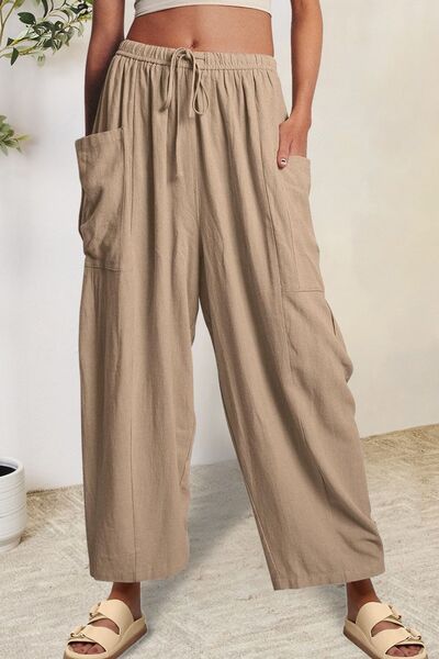 Gray Full Size Pocketed Drawstring Wide Leg Pants Sentient Beauty Fashions Apparel &amp; Accessories